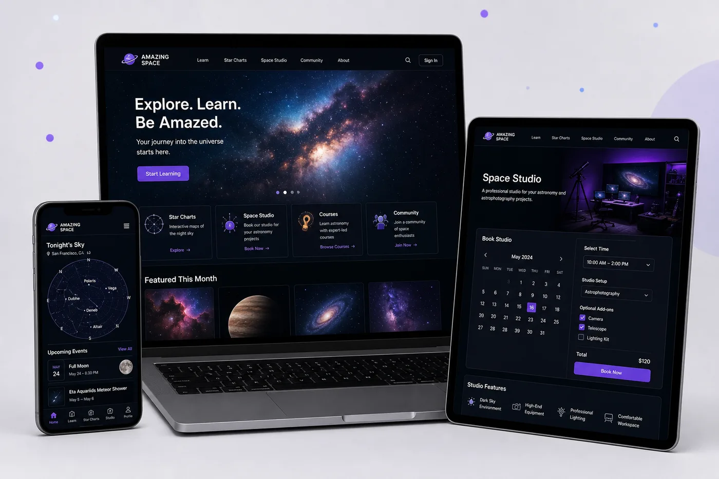 Tanmaye's Amazing Space CRM: astronomy learning, studio bookings & commerce.